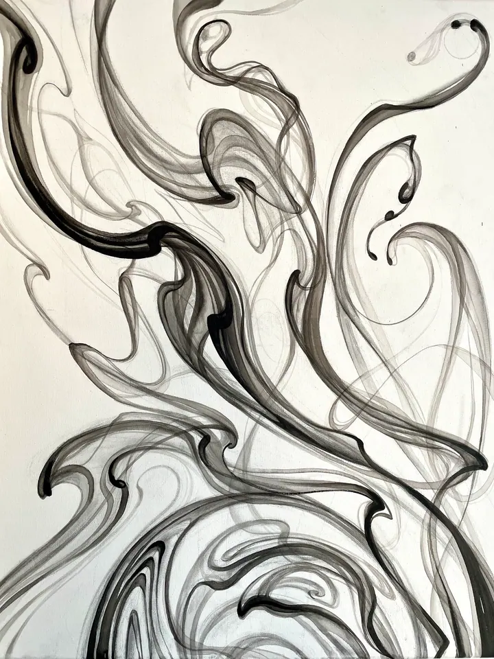 Black and grey abstract painting with flowing forms