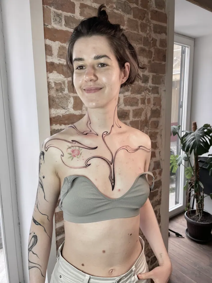 Abstract linework tattoo across the neck, shoulders and chest