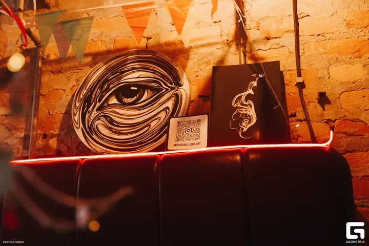 Abstract artworks displayed at an exhibition