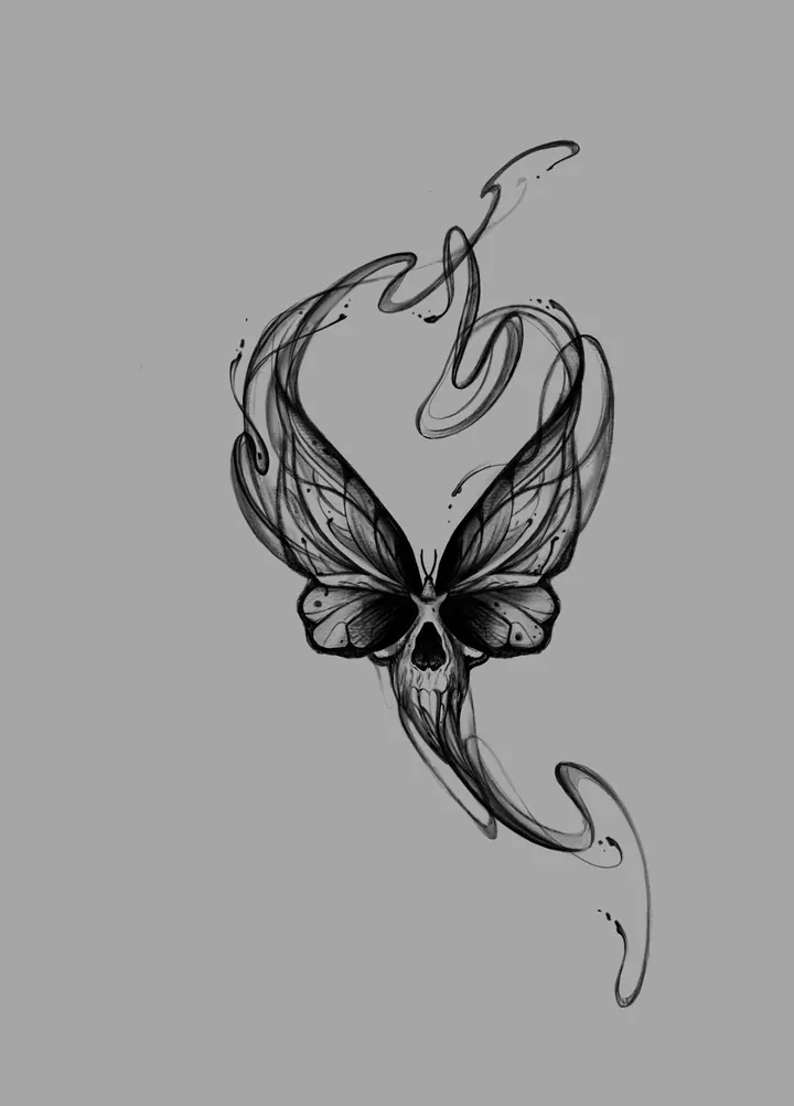 Butterfly and skull tattoo design with flowing abstract lines