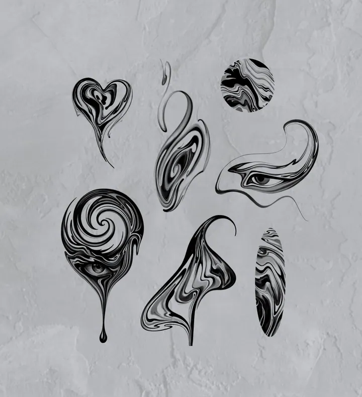 Collection of abstract tattoo designs with eyes, a heart and flowing forms