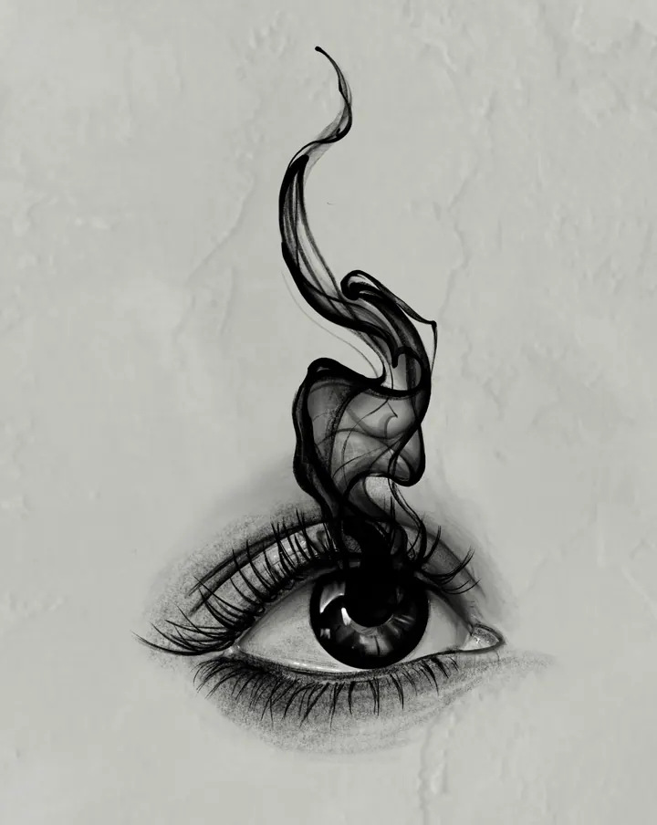 Realistic eye tattoo design with an abstract flowing plume