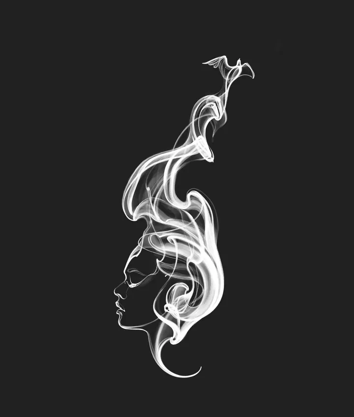 White flowing profile tattoo design on a dark background