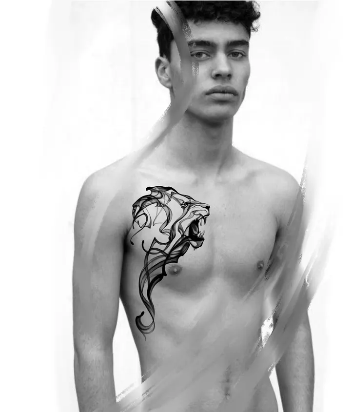 Tiger tattoo design with flowing lines shown on the chest