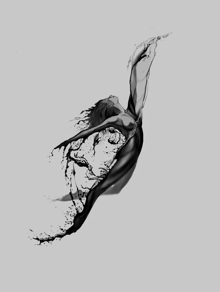 Expressive figure tattoo design dissolving into flowing ink