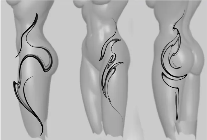 Collection of flowing abstract tattoo designs shown on the hips and thighs