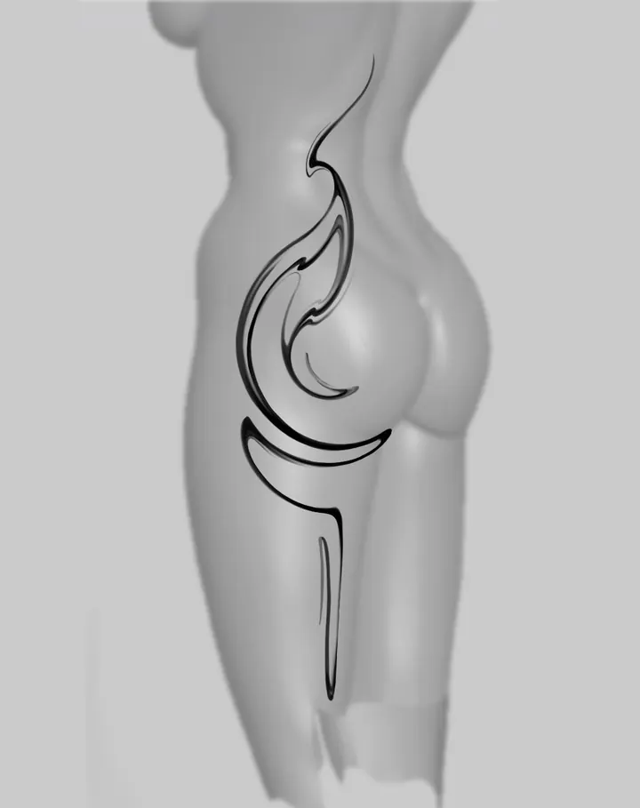 Curved abstract tattoo design shown along the hip and thigh