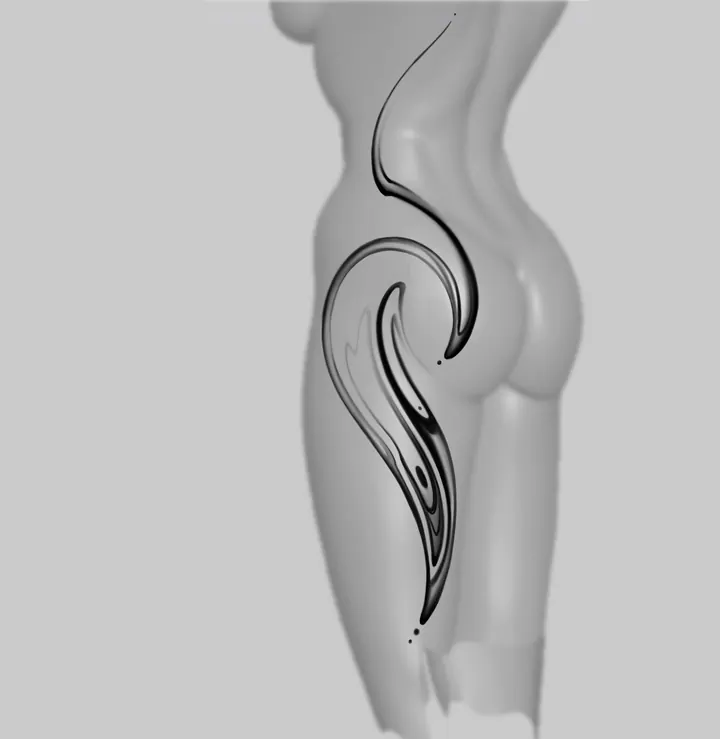 Curved abstract tattoo design shown along the hip and thigh