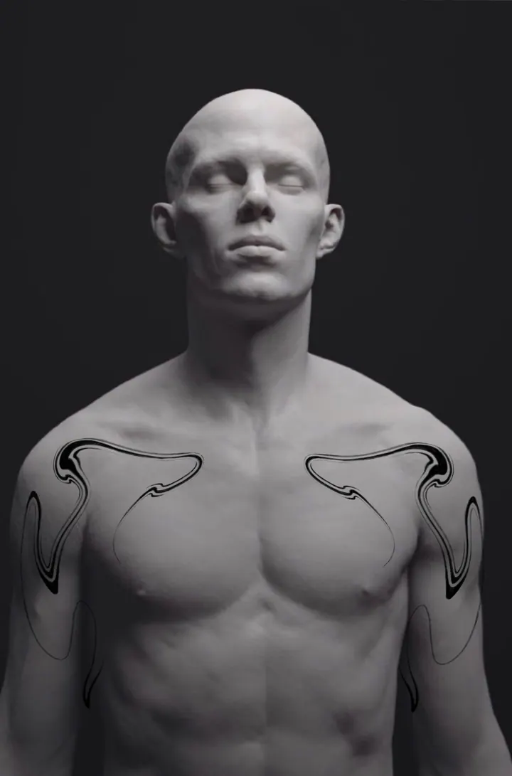 Symmetrical abstract tattoo design shown on the chest and shoulders