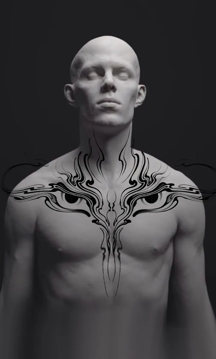 Symmetrical eye tattoo composition shown across the chest and neck