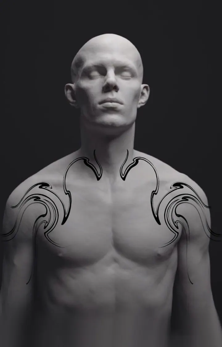 Symmetrical ornamental tattoo design shown around the neck and shoulders