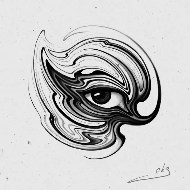 Abstract eye tattoo design framed by flowing black lines
