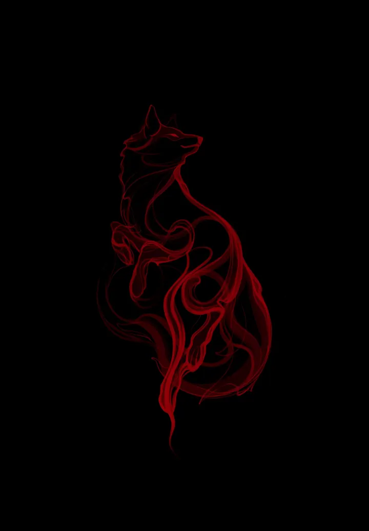 Red dog tattoo design made of flowing lines on a black background
