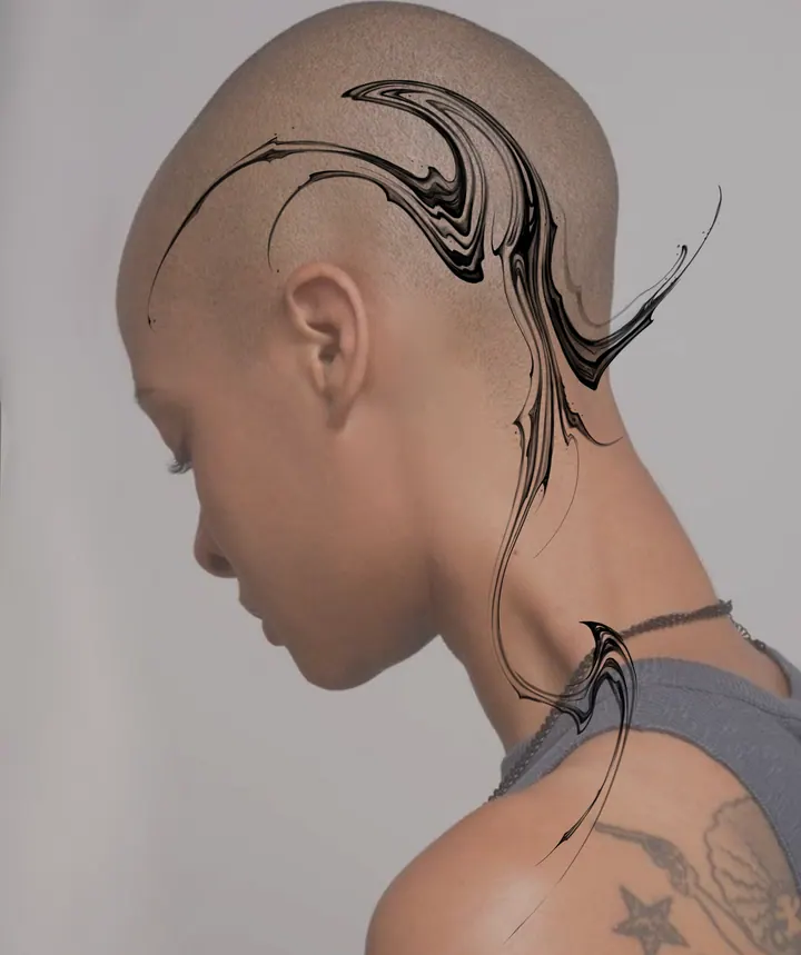 Abstract tattoo design following the head, neck and shoulder