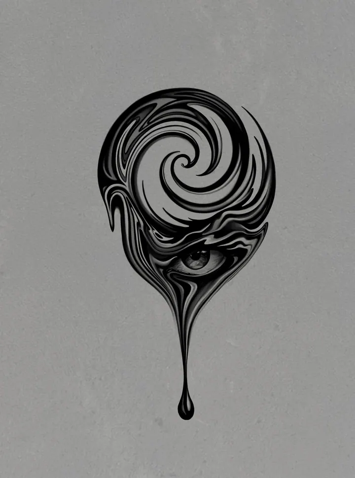 Abstract spiral and eye tattoo design ending in a flowing teardrop